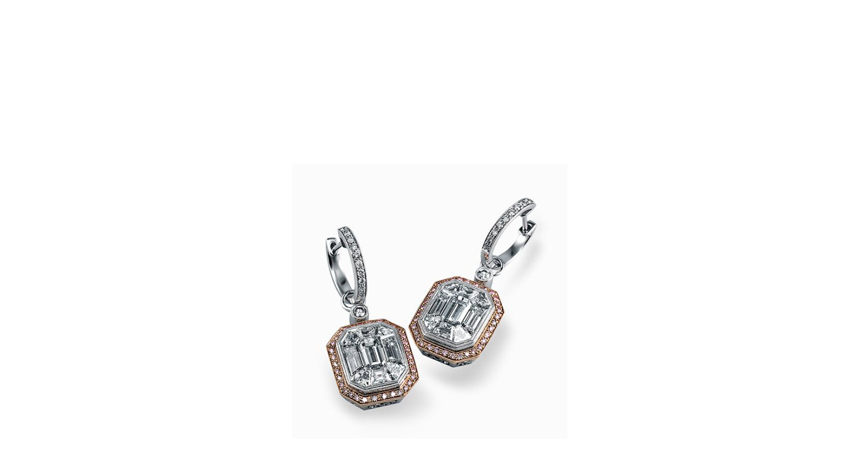 This dramatic white and rose gold contemporary earrings are accented with a 4.0 ctw center mosaic of sparkling white diamonds complemented by .21 ctw round white diamonds and .35 round pink