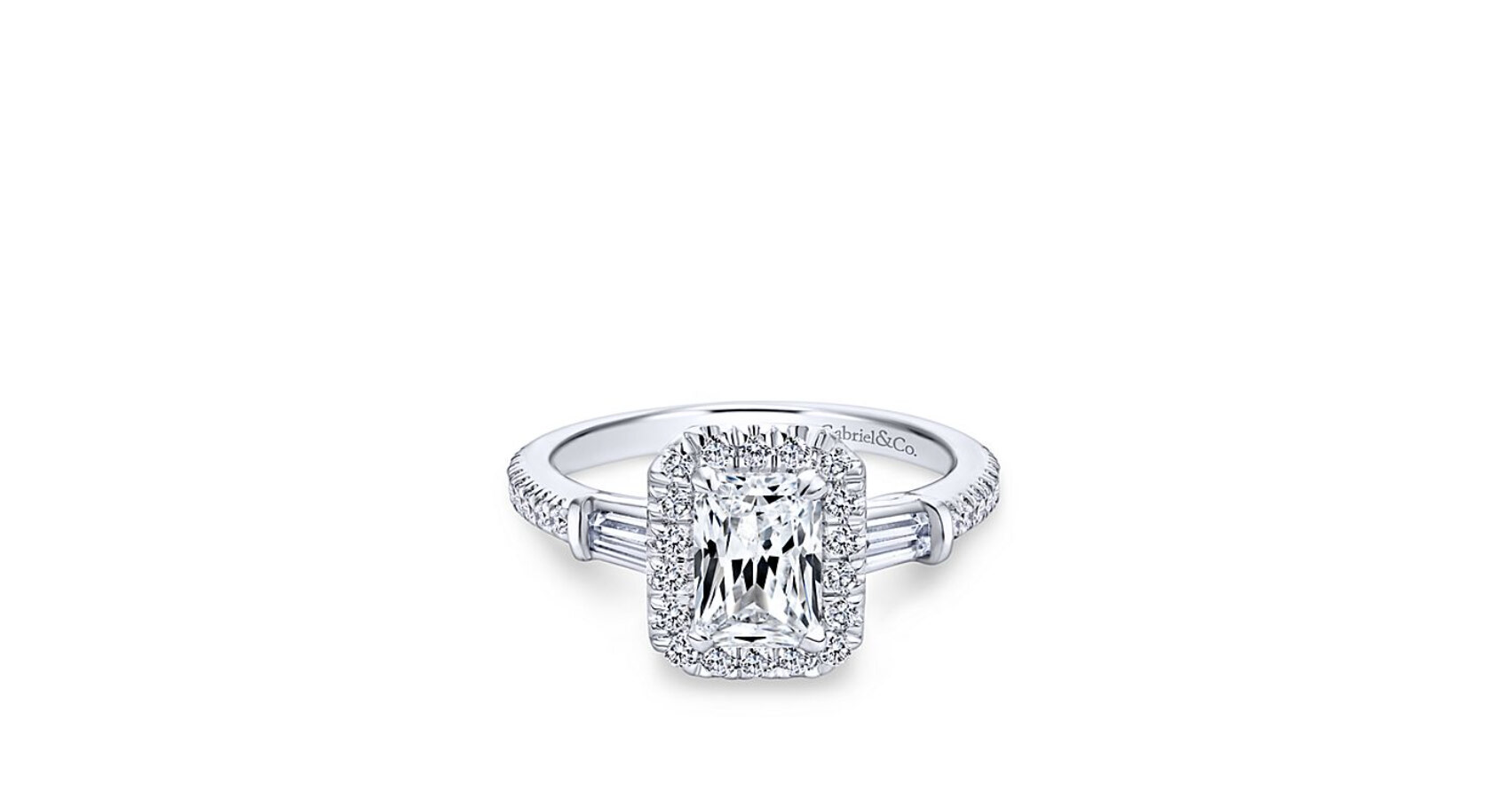 This emerald cut diamond engagement ring is enhanced by a pave diamond halo. A pair of diamond baguettes and a band with pave detailing provide a alluring feel to this ring.