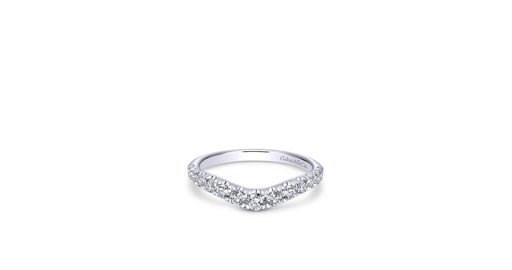 Delicately contoured to embrace your engagement ring, this scalloped white gold anniversary band sparkles with French pave diamonds