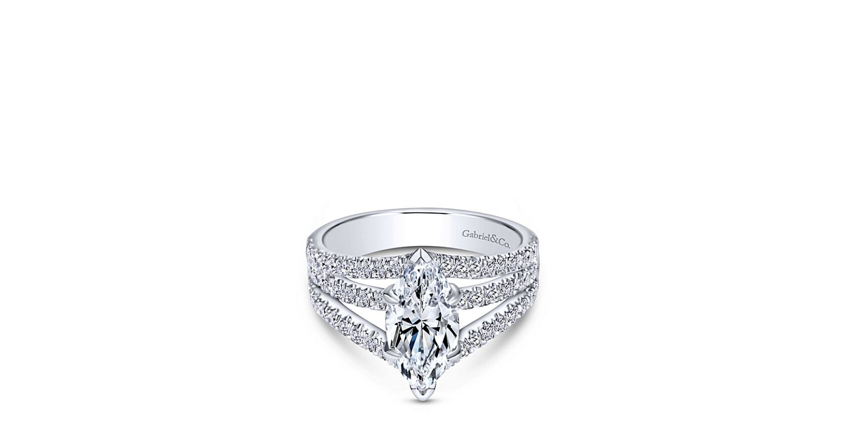 In this singular marquise cut engagement ring, three dazzling strands of pave diamonds uphold the precious center stone.