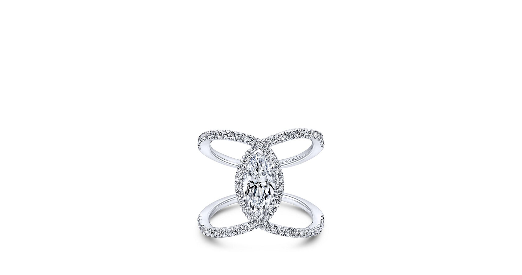 Strands of diamonds twist and turn around the precious center stone to create this dazzling setting