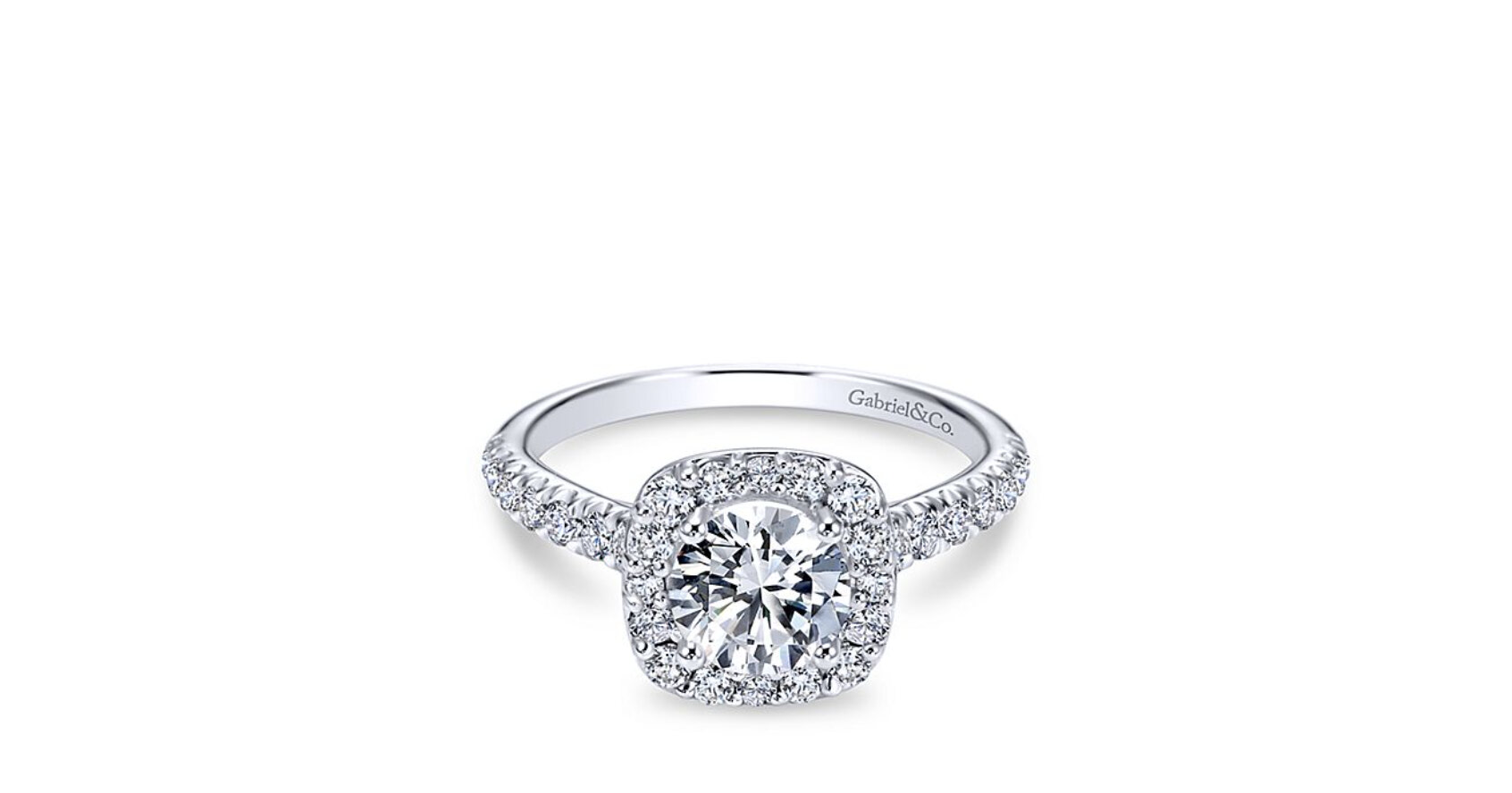 1 Carat round diamond is surrounded by a diamond halo accented by a  pave set contemporary style band in white gold